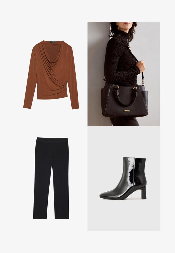 Long-sleeve top in dark brown, featuring a draped neckline and gathered side details, made from smooth, stretchy fabric.; Black trousers with a straight leg design, featuring side pockets and a smooth fabric texture. Minimal detailing, clean waistband.; Black patent leather ankle boot with a pointed toe and a mid-height block heel. Smooth texture and minimalist design.; Black handbag with textured surface, dual top handles, and adjustable shoulder strap. Features gold-tone hardware and side pockets.