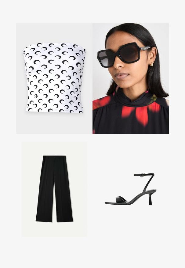 MARINE SERRE MOON PRINTED SECOND SKIN TUBE - Top - optical white; Bershka WIDE - Trousers - black; Bershka High heeled sandals - black; Black oversized sunglasses with a geometric frame, dark tinted lenses, and gold-tone accent hardware, worn with a floral pattern high-collared top.; Brown leather crossbody bag with a curved shape, gold hardware, and a buckle accent. Features a detachable shoulder strap.