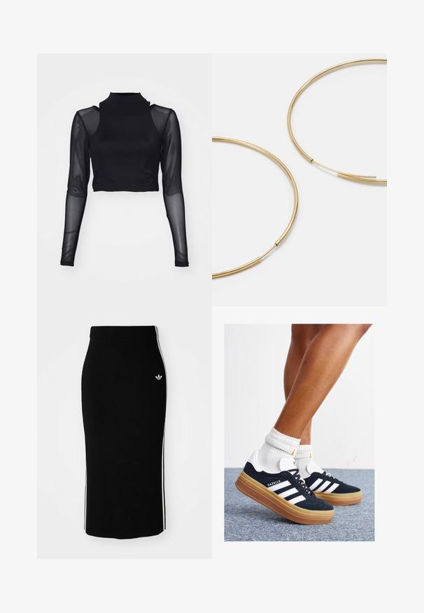 Juodas ilgomis rankovėmis trumpas megztinis su aukštu kvadratu, turintis permatomą audinį ant rankovių ir tvirtą kūną. Lygus tekstūros, minimalistinis dizainas.; Juoda vagota midi sijonas su prigludusia dizaine, su baltomis šoninėmis juostelėmis ir mažu baltu emblema kairėje pusėje.; Juodi zomšiniai sportbačiai su baltais dryžiais ir akcentais, apvalios nosies, guminio, gumos pado, derinami su baltais raitytais vidutinio ilgio kojinaitėmis.; Aukso spalvos žiedo auskarai, ploni ir apvalūs, su lygiu metaliniu paviršiumi be papuošimų ar raštų.