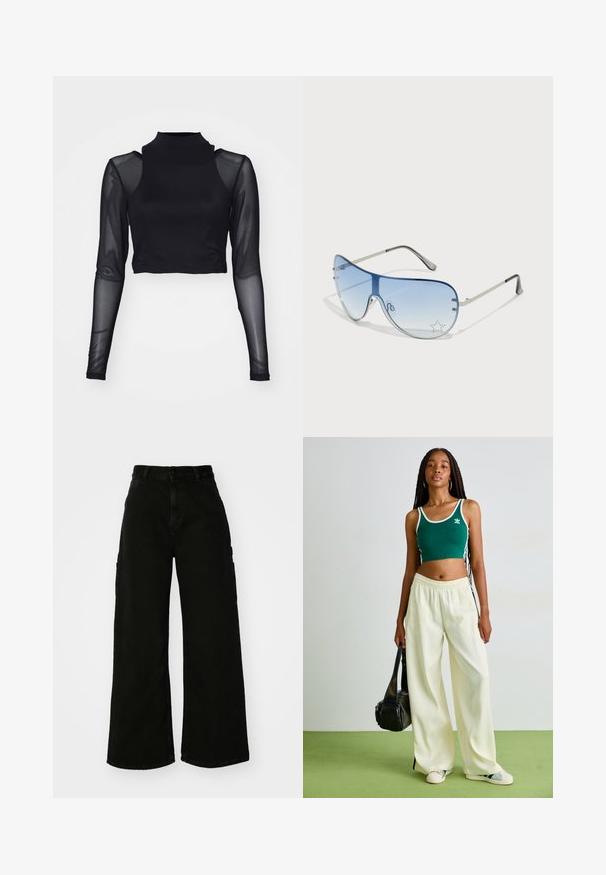 Svart langermet crop-top med høy hals, med gjennomsiktig stoff på ermmene og solid kropp. Glatt tekstur, minimalistisk design.; Svart vide ben cargo bukser laget av denim, med høy midje, front knappestenging og sidelommer. Glatt tekstur med minimal søm.; Grønn kort tanktop med hvit kant, kombinert med vide kremfargede bukser. Modellen holder en liten svart veske. Enkle sneakers.; Pilotbriller med gradient blå linse, sølvfarget metallramme og dekorative stjerneaksenter på linsen. Glatt og stilren design.
