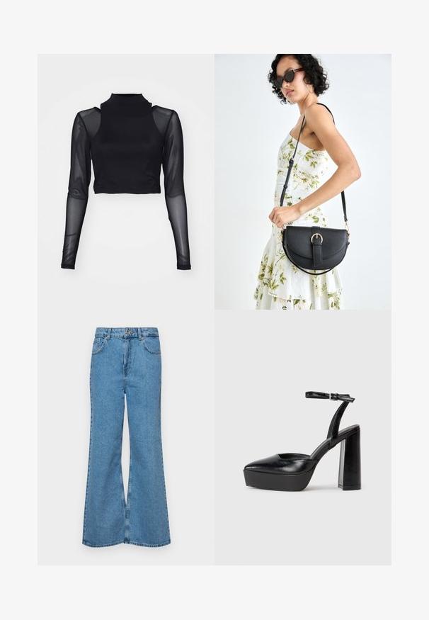 Musta pika varrukaga lühike topp kõrge kaelusega, millel on läbipaistev kangas varrukatel ja ühtlane kehaosa. Sile tekstuur, minimalistlik disain.; Heledad sinine flared teksade rõivad, millel on kõrge talje, viis taskut ja üks nupulukk. Pehme tekstuur ja pleekinud viimistlus.; Mustad platvormi kontsad terava ninaga ja reguleeritava pahkluuraamiga. Valmistatud siledast nahast, funktsioneerib massiivse plokknäheeliga.; Mustmust mustraha kõverate joontega, eemaldatava rihmaga ja kuldsete detailidega. Kotil on klapp, millel on pandladetail.