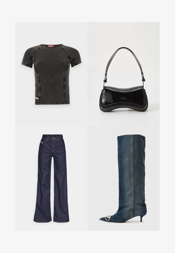 Black denim short-sleeve t-shirt with contrasting stitching, round neckline, and side seam details. Logo label at the hem.; Dark blue wide-leg jeans in denim fabric with a high waist, featuring orange stitching, five-pocket design, and a button closure.; Denim knee-high boot with a pointed toe, silver hardware accent, slim kitten heel, and a smooth, textured finish.; Black patent leather handbag with a curved shape, a single handle, and a rounded bottom. Features a subtle logo detail on the front.