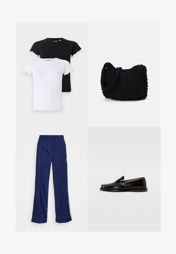Két póló, egy fekete és egy fehér, puha anyagból készült. Jellemzői közé tartozik a rövid raglan ujj, amelyek hullámos szélekkel rendelkeznek.; Tengeri kék sportnadrág elasztikus derékkal, egyenes lábakkal és oldalsó cipzárokkal. Fehér díszítő csíkkal a oldalakon. Simára szőtt anyag.; Fekete bőr loaferek kerek orral, dekoratív varrással és lapos talppal. Sima felület és minimalista dizájn.; Fekete szövet táska texturált, steppelt mintával. Kerek formájú, rövid, vastag fogantyúkkal és puha, rugalmas szerkezettel.