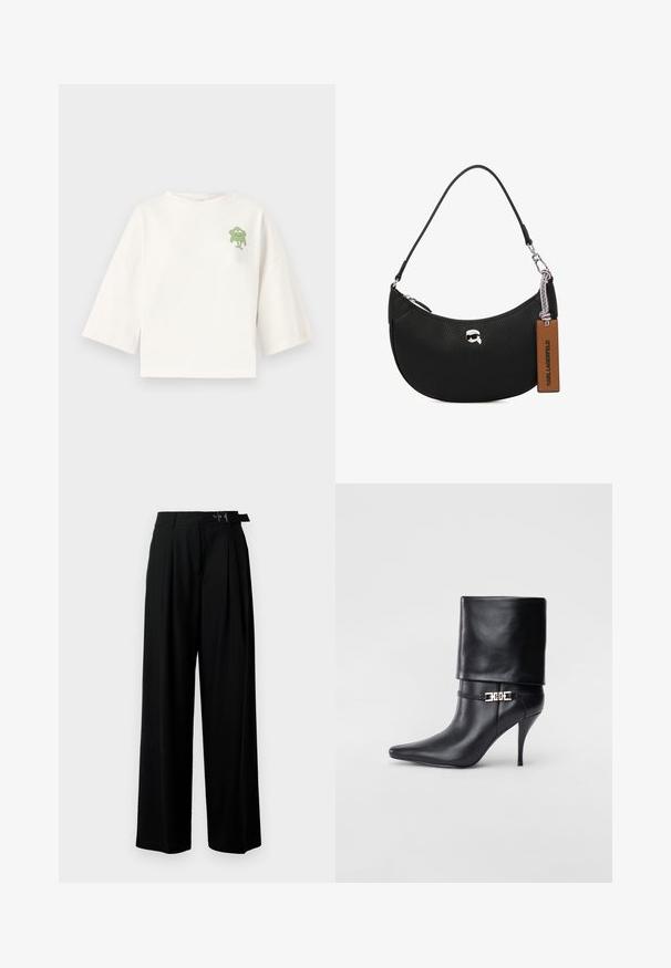 Balta medvilninė marškinė su sutrumpintu dizainu, turinti trijų ketvirčių rankoves ir žalią animacinio personažo atvaizdą ant krūtinės.; Juodos plačios kojų kelnės su aukštu liemeniu, priekinėmis klostėmis ir diržu su sagtimi. Pagamintos iš lygaus, lengvo audinio.; Juodos odinės kulkšninių botų su smailiu nosiu, aukštu stiletto kulnu, apvyniojamu kraštu ir auksine dekoratyvine sagtimi prie kulkšnies.; Juodas odinis rankinės su grublėta tekstūra, išlinkusia forma, viršutiniu užtrauktuku, sidabrinėmis detalėmis ir rudąja etiketė. Pabrėžtas logotipo akcentas.