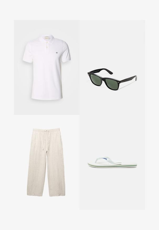 Polo shirt blanc en tissu coton, avec une patte de boutonnage à deux boutons, des manches courtes à revers et un petit logo brodé sur la poitrine.; Pantalon en lin beige clair, avec une taille élastique dotée d'un cordon de serrage, un design large et des poches latérales. Texture lisse.; Tongs blanches avec une semelle texturée, des brides fines et une ligne décorative multicolore sur la semelle. Présente un logo sur la bride.; Lunettes de soleil en plastique noir avec verres verts, monture carrée, accent argenté sur le sourcil et branches texturées. Marque indiquée sur l'intérieur de la branche.