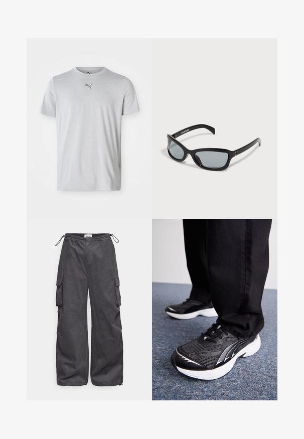 Lys grå sports t-shirt lavet af blødt stof. Har korte ærmer og rund hals, med et lille sort Puma-logo på brystet.; Grå cargo bukser med struktureret stof, elastisk talje, snor og detaljerede sidelommer. Løs pasform med brede ben.; Sorte atletiske sko med mesh-stof, hvid sål og sorte accenter. Mønstret sål. Båret med sorte bukser på en blå tæppeoverflade.; Sorte solbriller med et slankt, vinklet design. Har grå linser og skinnende plastikrammer. Inkluderer små metalaccenter og branding på armen.