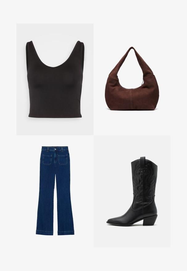 Fekete crop top, kerek nyakkivágással, sima, rugalmas anyagból készült. Széles pántokkal és testhezálló kialakítással rendelkezik a kényelem érdekében.; Sötét kék, sima textúrájú, bővülő farmernadrág, öt zsebbel és gombos derékkal.; Fekete bőr cowboy csizma hegyes orral, dombornyomott csavart mintákkal és közepes magasságú sarokkal. A könnyű felhúzást segítő húzófüllel rendelkezik.; Barna velúr hobo táska ívelt, széles fogantyúval és nagy nyílással. Puha textúra, a szélek mentén látható varrás részletekkel.