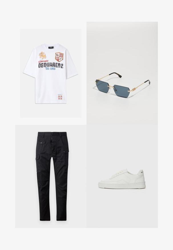 T-shirt en coton blanc avec des graphiques colorés, incluant un lion, des boucliers et du texte. Coupe décontractée avec des manches courtes. Accents en rouge et bleu.; Pantalons cargo noirs en tissu résistant, avec plusieurs poches, une fermeture à bouton et un design à jambes droites. Texture lisse et finition mate.; Baskets en cuir blanc avec une finition lisse, bout arrondi, lacets plats et semelle texturée. Présente un logo discret sur le talon.; Lunettes de soleil rectangulaires avec des verres bleu foncé, monture en métal doré et embouts de branches noirs. Plaquettes de nez transparentes et détail du logo sur les branches.