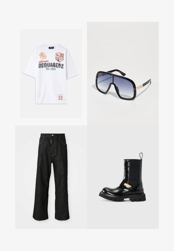 Weißes Baumwoll-T-Shirt mit bunten Grafiken, darunter ein Löwe, Schilde und Text. Lockere Passform mit kurzen Ärmeln. Akzente in Rot und Blau.; Schwarze gerade Jeans mit gelben Nähten, Fünf-Taschen-Design, Knopfverschluss und einem kleinen roten Etikett an der rechten Vorderseite der Tasche.; Schwarze Leder-Ankle Boots mit elastischen Seitenteilen, einem goldenen Akzentriemen und einer klobigen schwarzen Gummisohle. Glatte Oberfläche mit einer abgerundeten Spitze.; Übergroße schwarze Sonnenbrille mit einem lila Farbverlauf-Glas, glanzvoller Oberfläche und goldenen Akzenten an den Bügeln. Rechteckige Rahmenform.