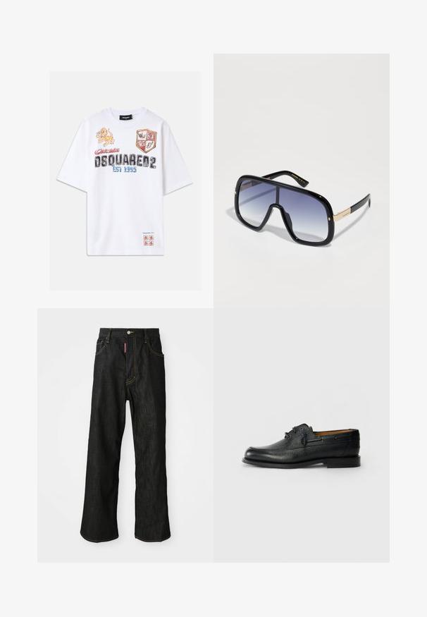 Witte katoenen T-shirt met kleurrijke graphics, waaronder een leeuw, schilden en tekst. Losse pasvorm met korte mouwen. Accenten in rood en blauw.; Zwarte rechte jeans met gele stiksels, vijf zakken, knoopsluiting en een klein rood etiket op de rechter voorzak.; Zwarte leren schoen met een gestructureerde oppervlakte, ronde neus en een vetersluiting met twee gaatjes. Beschikt over een platte zool en minimalistische branding aan de zijkant.; Overmatige zwarte zonnebril met een vervagende paarse lens, glanzende afwerking en gouden accenten op het oortje. Rechthoekig frame.