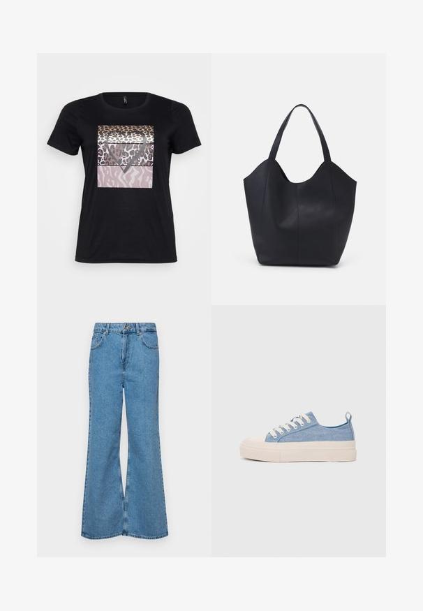 T-shirt en coton noir avec un design graphique comportant des motifs de léopard et une forme de cœur dans des teintes d'or, de marron et de rose. Manches courtes.; Jean flare bleu clair en denim, avec une taille haute, cinq poches et une fermeture à un bouton. Texture douce avec une finition décolorée.; Baskets en toile bleu clair avec une coque en caoutchouc crème et une semelle extérieure, dotées de lacets blancs et d'une languette au talon.; Sac fourre-tout noir en cuir lisse, doté d'un haut ouvert et courbé avec deux brides d'épaule et un design minimaliste.