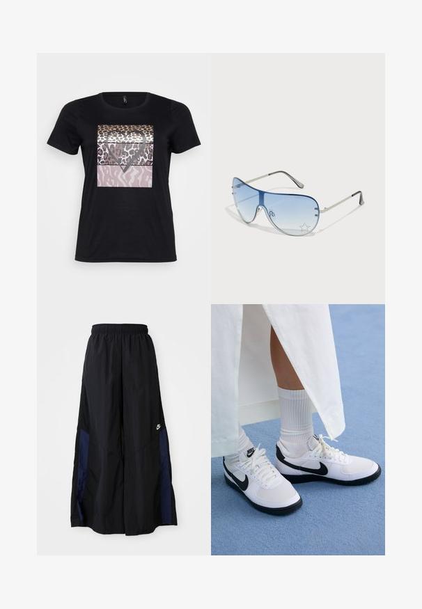 Schwarzes Baumwoll-T-Shirt mit einem grafischen Design aus Leopardenprints und einer Herzform in Gold-, Braun- und Rosatönen. Mit kurzen Ärmeln.; Schwarze weit geschnittene Hose aus leichtem Stoff, mit einem dunkelblauen Seitenpanel und einem elastischen Bund. Kleines weißes Logo am unteren Ende.; Weiße Nike-Sneaker mit schwarzen Akzenten, ausgestattet mit einem Obermaterial aus glattem Leder, weißen Schnürsenkeln und stabilen Gummisohlen, kombiniert mit weißen gerippte Socken.; Flugzeugbrille mit einem verlaufenden blauen Glase, silbernem Metallrahmen und dekorativen Sternelementen auf dem Glas. Glattes und elegantes Design.