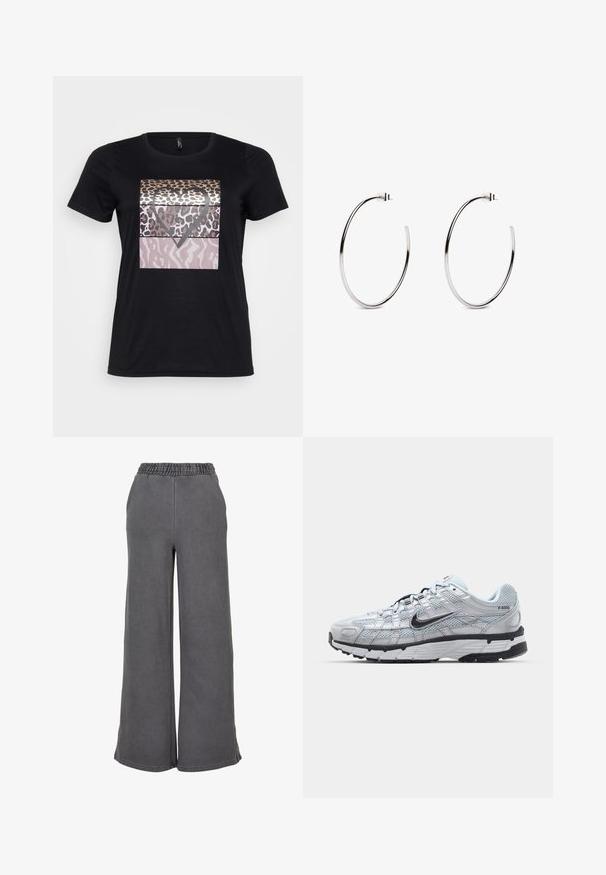 Black cotton t-shirt featuring a graphic design with leopard prints and a heart shape in shades of gold, brown, and pink. Short sleeves.; Wide-leg gray sweatpants made of soft fabric, featuring an elastic waistband for comfort. Smooth texture with no visible patterns or accents.; Nike P-6000 sneakers with a light grey mesh upper, black accents, and a durable black rubber sole. Features intricate design and lacing system.; Silver hoop earrings with a minimalist design, featuring a smooth, circular shape and a polished finish, secured by a post closure.