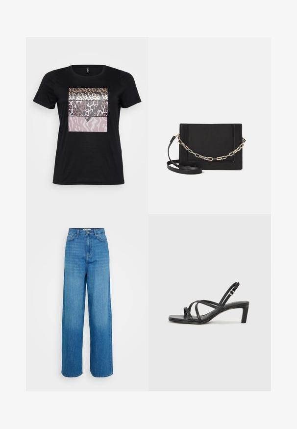 Schwarzes Baumwoll-T-Shirt mit einem grafischen Design aus Leopardenprints und einer Herzform in Gold-, Braun- und Rosatönen. Mit kurzen Ärmeln.; Blaue hochgeschnittene weit geschnittene Jeans mit vorderem Knopf- und Reißverschluss, vorderen und hinteren Taschen sowie genähten Säumen auf weißem Hintergrund.; Schwarze Sandale mit Riemchen, quadratischer Zehenform und niedrigem Blockabsatz. Verfügt über mehrere dünne Riemen und einen verstellbaren Knöchelriemen. Hergestellt aus glattem Leder.; Schwarze Leder-Crossbody-Tasche mit glatter Textur, rechteckiger Form und metallic-kettendetail auf der Vorderseite. Verstellbarer Gurt inklusive.; Silberner Doppelring mit einer glatten, polierten Oberfläche. Verfügt über ein fließendes, kurviges Design mit überlappenden Abschnitten für einen modernen Look.