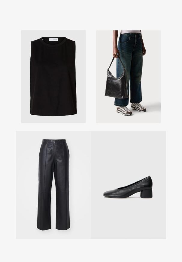 Čierny top bez rukávov s okrúhlym výstrihom. Vyrobený z mäkkej tkaniny, má uvoľnený strih a jednoduchý, čistý dizajn. Jednoduchý bez vzorov.; Čierne kožené nohavice s vysokým pásom, širokým strihom a vertikálnymi švovými detailmi. Hladká textúra s lesklým povrchom.; Čierne kožené lodičky s okrúhlou špičkou a stredne blokovým podpätkom. Hladká textúra s minimálnymi detailami, so subtílnym elastickým otvorom.; Čierna kožená taška cez rameno s hladkou textúrou a nastaviteľným popruhom, skombinovaná s vyblednutými širokými džínsy a športovými teniskami.