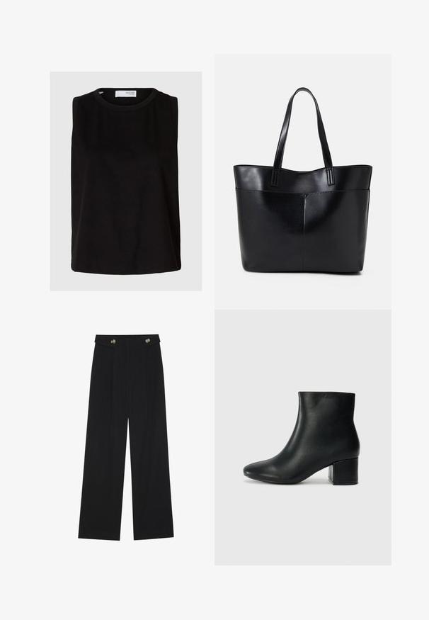 Juodas be rankovių topas su apvalia iškirpte. Pagamintas iš minkštos medžiagos, turi laisvą siluetą ir švarų, paprastą dizainą. Be raštų.; Juodi plačios kojos kelnės su aukštu liemeniu, sagų detalėmis ant liemens ir priekinėmis raukšlėmis.; Juodos odinės aulinės botai su smailiu priekiniu pirštu ir storu kulnu. Lygus tekstūra su minimaliomis detalėmis ir elegantišku, tvirtai priglundančiu dizainu.; Juoda odinė rankinė su dviem ilgais diržais, lygiu paviršiumi ir struktūrizuota forma. Yra priekinė kišenė papildomam saugojimui.