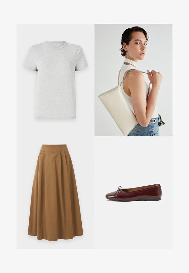 Light gray cotton t-shirt with short sleeves and a classic round neckline. Smooth texture, no patterns or accents visible.; Brown cotton A-line skirt with a high waist, featuring pleats down the front and a smooth texture. Hem finishes are clean and simple.; Burgundy patent leather ballet flat with a rounded toe, small bow accent at the front, and a low, black rubber sole. Smooth texture.; White rectangular clutch bag made of glossy material, featuring a silver chain strap. Model poses, showcasing the bag against a plain background.