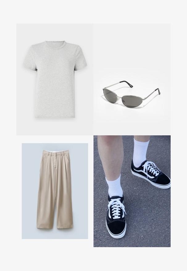 Světle šedé bavlněné tričko s krátkými rukávy a klasickým kulatým výstřihem. Hladká textura, bez vzorů nebo viditelných akcentů.; Beige kalhoty s širokými nohavicemi a texturovaným povrchem, které mají dva boční kapsy, záhyby na přední straně a pasový lem pro bezpečné uchycení.; Černé semišové tenisky s bílými akcenty a tkaničkami, v kombinaci s bílými žebrovanými ponožkami, umístěné na texturovaném šedém povrchu.; Sluneční brýle s elegantním stříbrným kovovým rámem, šedými tónovanými skly a aerodynamickým designem s ostrými hranami a tenkými nožičkami.; Stříbrný náramek s řetízkem s prodlouženými články nahoře. Nahoře je barevný náramek z korálků s černými, modrými, zelenými, žlutými, červenými a průhlednými korálky.