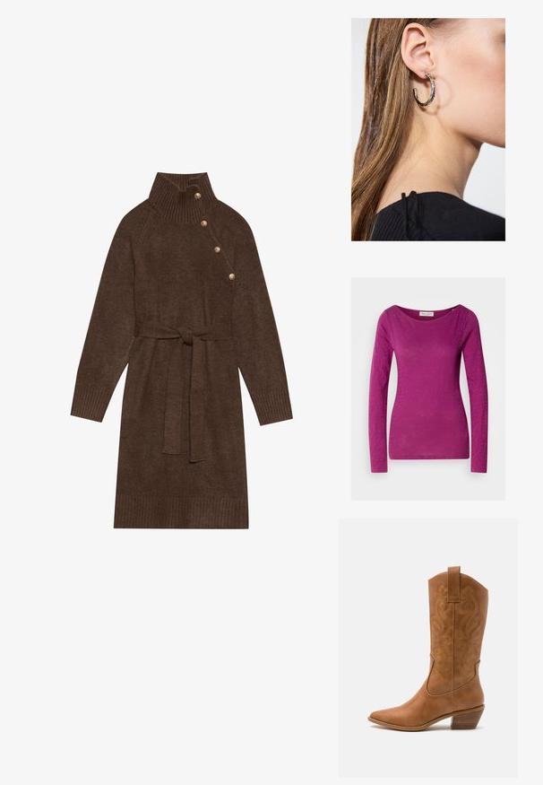 Long-sleeve top in vibrant magenta. Made of soft, lightweight fabric with a smooth texture. Features a wide, boat neckline and slim fit.; Brown knitted sweater dress with a high ribbed collar, side buttons, and a matching fabric belt. Ribbed cuffs and hem add texture.; Tan leather cowboy boot with pointed toe, embroidered swirl patterns on shaft, and a stacked block heel. Features a pull tab for easy wear.; Silver hoop earring with a polished finish, featuring small gold accent details and a round shape, worn on the lobe.