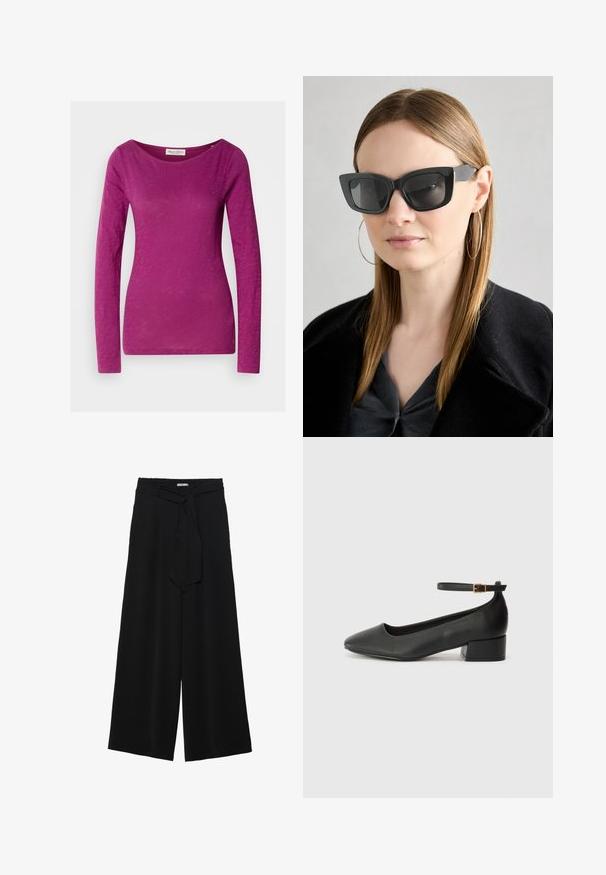 Långärmad topp i livlig magenta. Tillverkad av mjukt, lättviktsmaterial med en slät yta. Har en bred båtformad halsringning och smal passform.; Svarta vida byxor med texturerad tyg, elastisk midja och en avtagbar käppknut i midjan för justerbar passform.; Svart läderpump med spetsig tå och en låg klack. Har en ankelsnodd med en guldtonad spänne. Slät textur.; Svarta katterformade solglasögon med mörka linser, tjocka bågar och subtila detaljer. Bärs tillsammans med en svart kappa och en grå topp, med långt rakt hår.