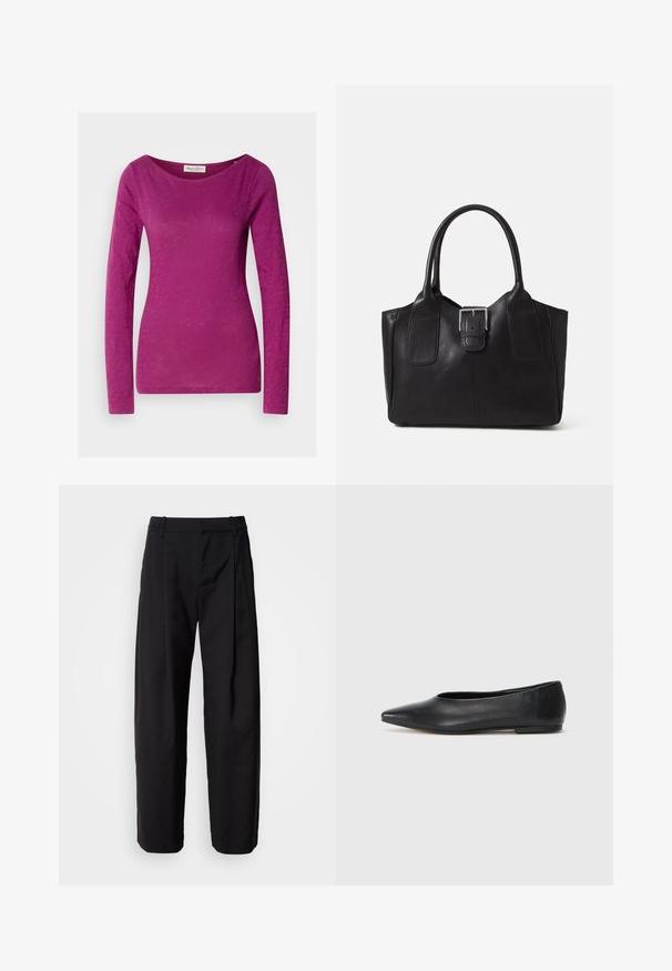 Langermet topp i livlig magenta. Laget av myk, lett stoff med en jevn tekstur. Har en bred båtutringning og tettsittende passform.; Svarte bukser med avslappet passform, plisserte foran og beltehemper. Glatt stoff og rette ben, med sidelommer.; Sorte lærballerina med spiss tå, minimalistisk design, glatt tekstur, lav hæl uten synlig metall eller dekorasjoner.; Svart skinn toteveske med jevn tekstur, strukturert form, to håndtak og en fremtredende sølvspenne foran.