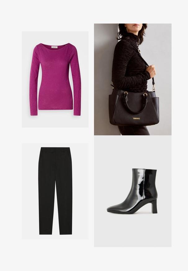 Camisola de manga longa em magenta vibrante. Feita de um tecido leve e macio com uma textura suave. Apresenta uma ampla gola tipo barco e um corte slim.; Calças pretas com um design ajustado, apresentando bolsos laterais e pernas retas. Feitas de um tecido suave e leve com um acabamento elegante.; Botim de tornozelo em pele sintética preta com bico apontado e salto bloco de altura média. Textura suave e design minimalista.; Bolsa preta com superfície texturizada, alças superiores duplas e alça de ombro ajustável. Apresenta ferragens em tom dourado e bolsos laterais.