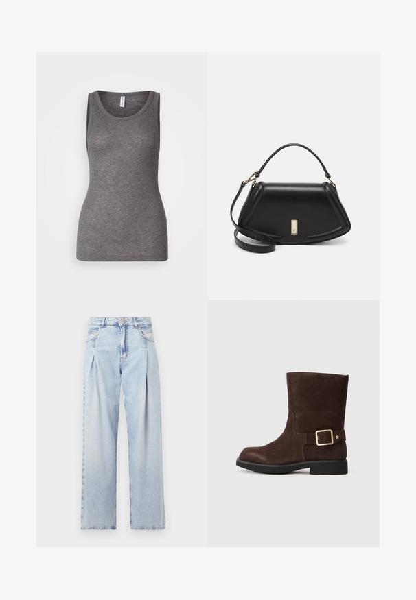 Samsøe Samsøe SONNET TANK - Top - grey; Svetlomodré džínsy s vysokým pásom, širším strihom po celej dĺžke, dvoma bočnými vreckami a skladaným dizajnom. Mäkka textúra s vyblednutým vzhľadom.; Hnedé semišové členkové topánky so zaoblenou špičkou, plochou čiernou podrážkou a zlatou prackou na boku. Hladká textúra a jednoduchý dizajn.; Čierna kožená kabelka so štruktúrovaným dizajnom, s krátkym tvarom, hornou rúčkou a zlatými prvkami. Súčasťou je nastaviteľný ramenný popruh.