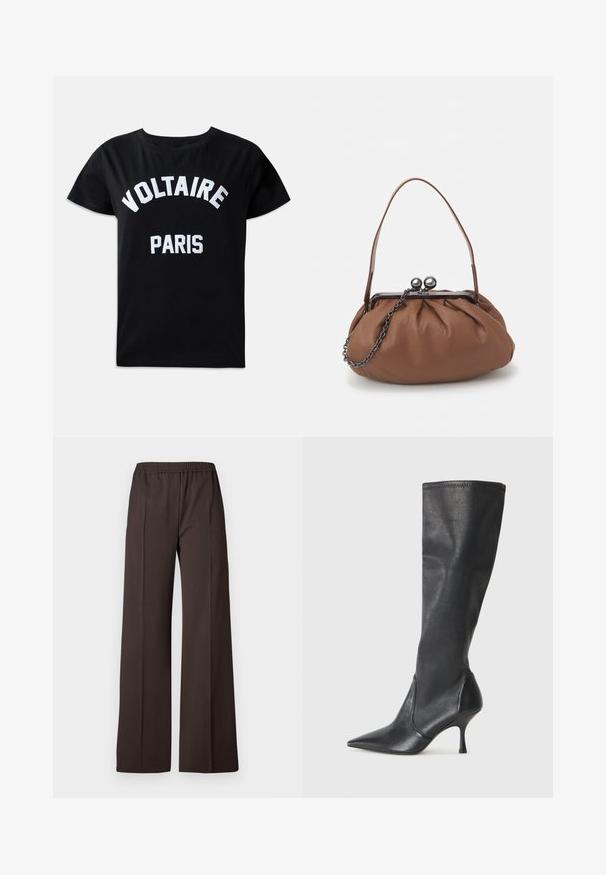 Must musta t-särk, millel on valge tikandiga tekst "VOLTAIRE PARIS" julge fondiga, ümar kaelus ja lühikesed varrukad.; Laiad sääred tumedast pruunist kangast püksid, elastse vöökohtaga, millel on sile tekstuur ja puhtad jooned, et saavutada kohandatud välimus.; Knee-high mustad nahksaapad terava nina ja kitsaste stiilsete kontsadega. Sile tekstuur sobiva disainiga ja õmblused ülemisel serval.; Pruuni nahast käekott, millel on kokkuvõetud disain, lühike nahkstang ja kettrihm. Omab hõbedast metallist klambrit, millel on kaks ümmargust aktsenti.