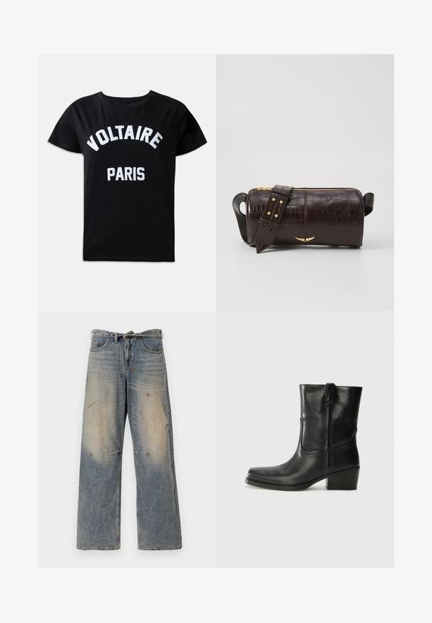 Mustaa puuvillateepparia, jossa on valkoista brodeerausta ja teksti "VOLTAIRE PARIS" rohkealla fontilla. T-paidassa on pyöreä kaula-aukko ja lyhyet hihat.; Vaaleansinisiä farkkuhousuja, joissa on löysä, suora lahje. Ominaisuuksiin kuuluvat kulutustiedot, haalistuminen ja kuluneet yksityiskohdat polvien lähellä. Klassinen viiden taskun tyyli.; Musta nahkasaapas nilkkamittaisella varrella, pyöreällä kärjellä, lohkarekorolla, sivuvetoketjulla ja ompeluaksentilla varren yläosassa. Suora pinta, klassinen muotoilu.; Ruskea krokotiilinkuosilla varustettu nahkalaukku, jossa on sylinterimäinen muoto, kultasävyiset yksityiskohdat ja irrotettava hihna, jossa on niittejä.