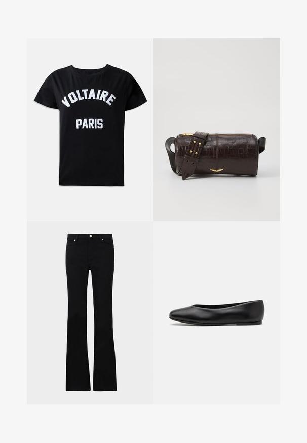 Black cotton t-shirt featuring white embroidered text that reads "VOLTAIRE PARIS" in a bold font, crew neck, and short sleeves.; Black flared jeans made of denim, featuring two front pockets, a button closure, and a smooth texture. Signature stitching visible at seams.; Paul Smith TOPANGA - Ballet pumps - black; Brown crocodile-embossed leather bag with a cylindrical shape, gold-tone hardware, and a detachable strap featuring studs.