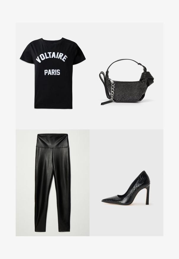 Sort bomulds t-shirt med hvid broderet tekst, der står "VOLTAIRE PARIS" i fed skrift, rund hals og korte ærmer.; Sorte leggings i faux læder med høj talje, der har en glat tekstur og en tætsiddende silhuet, der strækker sig ned til anklerne.; Sorte spidse tå stiletto-sko i krokodilleskind med et strømlinet design, høj hæl og glat sort inderside.; Sort håndtaske med naglede dekorationer, en kædestrop og et glat læderhåndtag, med en rund form og en lynlåslomme.