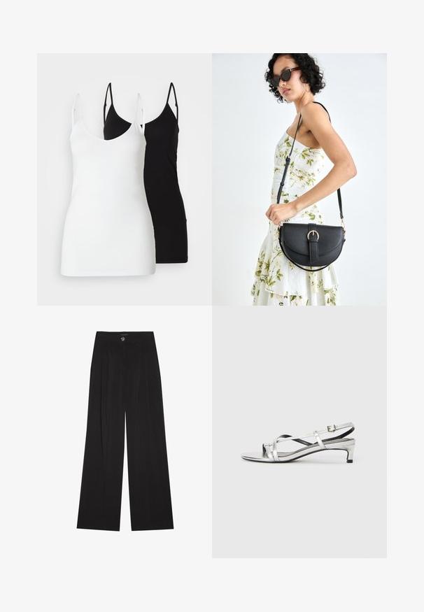 Dos camisetas de tirantes para mujer: una blanca y una negra, hechas de tejido suave, con finas tiras y un diseño de escote en V profundo.; Pantalones de pierna ancha negros con pliegues, con cierre de botón y dos bolsillos laterales; textura suave con un diseño a medida.; Sandalía plateada metálica tipo slingback con un tacón bajo, que presenta correas entrelazadas y una textura suave. Diseño minimalista.; Bolso de piel negra con forma curva, correa desmontable y herrajes dorados. El bolso cuenta con una solapa con un detalle de hebilla.; Pendientes de aro plateados con un diseño redondo y liso, y un acabado pulido. Son delgados y ligeros, y cuentan con un sencillo cierre de gancho.