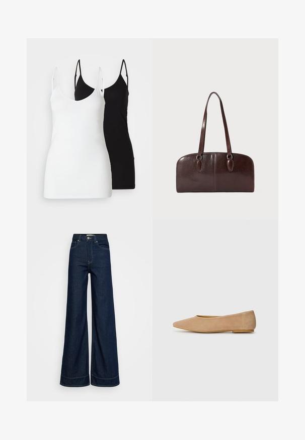 To kvinner i tank tops: en hvit og en svart, laget av mykt stoff, med tynne stropper og dyp V-hals.; Mørkeblå høyt liv vide jeans med frontlommer, beltehemper, knappelukking og synlig søm på hvit bakgrunn.; Beige flate ballerina sko i semsket skinn med spiss tå, lav hæl, glatt tekstur og minimalistisk design. Ingen synlig maskinvare eller utsmykkinger.; Brun skinnveske med to lange håndtak, en strukturert rektangulær form, glatt tekstur og avrundede kanter. Har detaljer ved håndtakene.