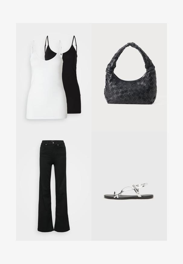 Dve dámske tielka: jedno biele a jedno čierne, vyrobené z mäkkého materiálu, s tenkými ramienkami a hlbokým výstrihom do V.; Čierne rozšírené džínsy vyrobené z denimu, s vysokým pásom, piatimi vreckami a kovovým zapínaním. Hladká textúra s minimálnym zdobením.; Strieborné metalické sandále s minimálnym dizajnom, s tenkými popruhmi a čiernou plochou podrážkou. Zaujímavé sú akcenty krížových popruhov.; Čierna kožená pletená ramenná taška s okrúhlou rukoväťou a telom v tvare polmesiaca na jednofarebnom pozadí.; Strieborné náušnice v tvare kvetu s textúrovaným povrchom, vybavené dlhými háčikmi a detailmi pripomínajúcimi lupene pre zložitý dizajn.
