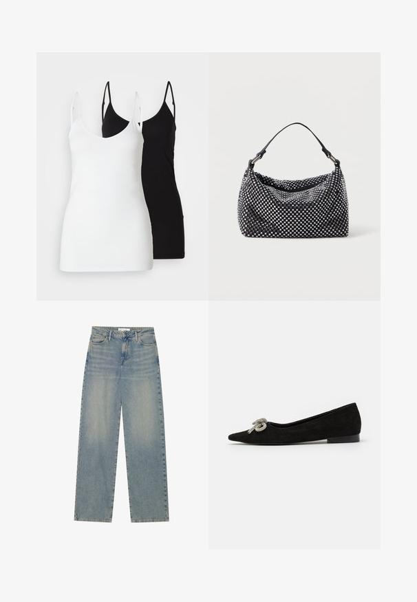 Deux débardeurs pour femmes : l'un blanc et l'autre noir, en tissu doux, avec des fines bretelles et un décolleté en V profond.; Jean en denim droit taille haute bleu clair avec poches avant, passants de ceinture et fermeture éclair et bouton visibles.; Chaussure plate en suede noir avec un bout pointu, ornée d'un détail de nœud en argent décoratif à l'avant, présentant un petit talon.; Sac noir et argent avec une surface tissée et texturée présentant des motifs carrés, une seule poignée supérieure et un design décontracté.