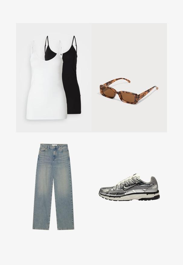 Due top di canottiera da donna: uno bianco e uno nero, realizzati in tessuto morbido, con spalline sottili e un design a profondo scollo a V.; Jeans in denim blu chiaro a vita alta e gamba dritta, con tasche frontali, passanti per cintura e chiusura con bottone e cerniera visibili.; Scarpa atletica argento e nera con tomaia in mesh e sintetico, design voluminoso e finitura testurizzata. Presenta un colletto imbottito e suola in gomma.; Occhiali da sole tartarugati con lenti rettangolari marroni, una montatura spessa e stanghette sottili con un motivo di diverse tonalità di marrone.