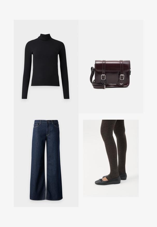 Schwarzer gerippter Rollkragenpullover mit langen Ärmeln, taillierter Passform, glatter Textur und hohem Kragen. Keine sichtbaren Muster oder Verzierungen.; Weite Jeans in dunkelblauem Denim. Merkmale sind kontrastierende Nähte, fünf Taschen und ein Knopfverschluss an der Taille. Glatte Textur.; Schwarze flache Schuhe mit einem kleinen Schleifendetail an der Zehe, kombiniert mit dunkelbraunen gerippten Strumpfhosen. Die Schuhe haben eine glatte Textur und ein niedriges Profil.; Burgunderfarbene Patelleder-Crossbody-Tasche mit rechteckiger Form, zwei Riemen, silberfarbener Hardware und einem Klappenverschluss.