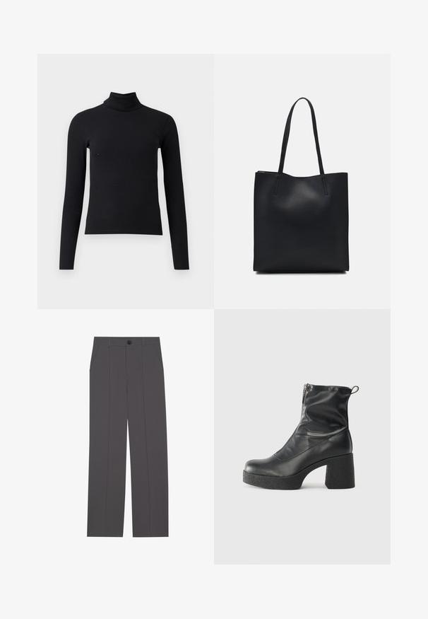 Black ribbed turtleneck sweater with long sleeves, fitted design, smooth texture, and high collar. No visible patterns or embellishments.; Grey trousers with a straight leg design, featuring two side pockets and a button closure. Smooth fabric with no visible patterns or accents.; Black ankle boots made of smooth leather, featuring a side zipper, chunky textured heel, and rounded toe design.; Black leather tote bag with smooth texture, rectangular shape, and two long handles. No visible hardware or embellishments.