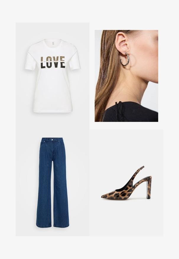 Weißes Baumwoll-T-Shirt mit einem schwarzen und Leopardenmuster "LOVE" Grafik, rundem Ausschnitt, kurzen Ärmeln und lockerer Passform.; Weite blaue Jeans mit hoher Taille, vorderem Knopf- und Reißverschlussverschluss sowie Vorder- und Hintertaschen vor einem schlichten Hintergrund.; Pumps mit Leopardenmuster im Slingback-Stil, spitz zulaufend und mit transparentem Blockabsatz. Hergestellt aus glänzendem Material mit glatter Oberfläche.; Silberne Creolen mit polierter Oberfläche, die kleine goldene Akzentdetails und eine runde Form aufweisen, am Ohrläppchen getragen.