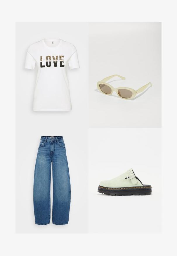Camiseta blanca de algodón con un gráfico de "LOVE" en negro y estampado de leopardo, cuello redondo, mangas cortas y un corte relajado.; Jeans de denim azul de pierna ancha con una cintura alta, que presentan un degradado de lavado claro a oscuro, bolsillos frontales y un cierre de botón.; Zuecos de ante verde claro con punta redonda, correa ajustable con hebilla y suela texturizada negra con detalle de costura naranja.; Gafas de sol ovaladas con un marco translúcido de color amarillo pálido y lentes marrones. Presenta una textura suave y sutiles acentos metálicos en los laterales.