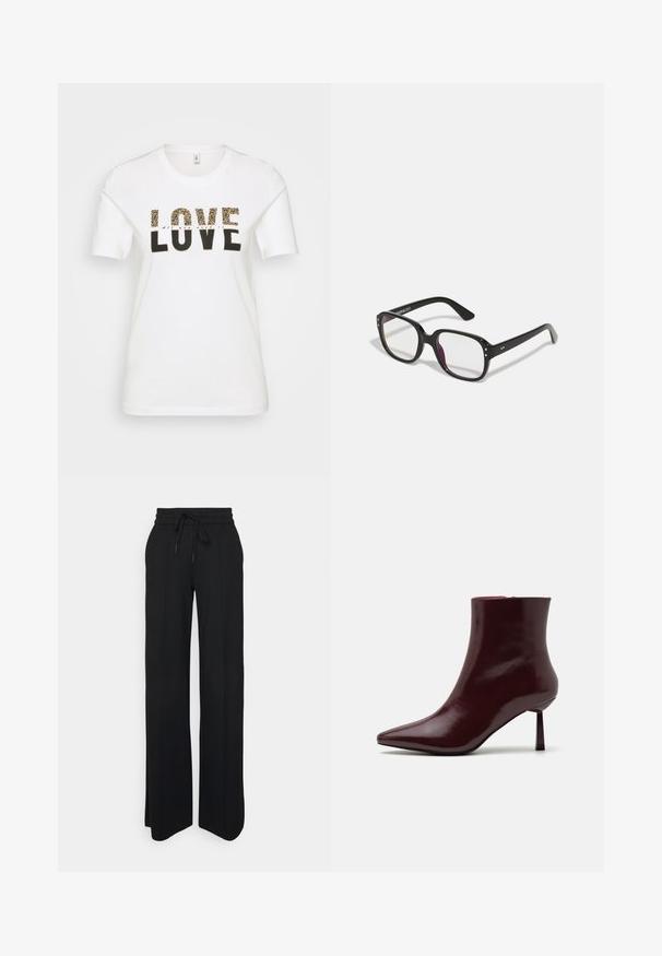 Balta medvilninė marškinėliai su juodu ir leopardiniu raštu „MEILĖ“ grafiku, apvali iškirptė, trumpomis rankovėmis ir laisvu siluetu.; Juodos plačios kelnės, pagamintos iš minkštos medžiagos. Yra elastinė juosmens juosta su raišteliu, švarios linijos ir jokių matomų raštų ar akcentų.; Burgundiško spalvos patentuotas odos kulkšninis batus su smailiu kojų pirštu ir plonu stiletu kulnu, pasižymintys sklandžia, blizgia tekstūra ir minimalistiniu dizainu.; Juodos stačiakampės akinių rėmo su skaidriais lęšiais, su apvaliais kraštais ir šoninėmis detalėmis, blizgiu finišu ant rėmo ir kojelių.