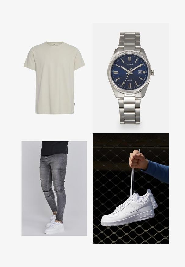 Lys beige bomulds t-shirt med rund hals og korte ærmer. Har et lille logo på brystet og en lige kant. Glat tekstur.; Slank jeans i falmet grå denim med slidte detaljer ved knæene, parret med hvide sneakers. Glat tekstur, slim fit design.; Hvide lædersneakers med perforeringer, rund tå, flad sål og tykke snørebånd, med et synligt swoosh-logo og "AIR" på hælen.; Sølv rustfrit stål urrem med en marineblå urskive, metallic timemarkører og et datovindue kl. 3. Vandafvisende op til 50 meter.