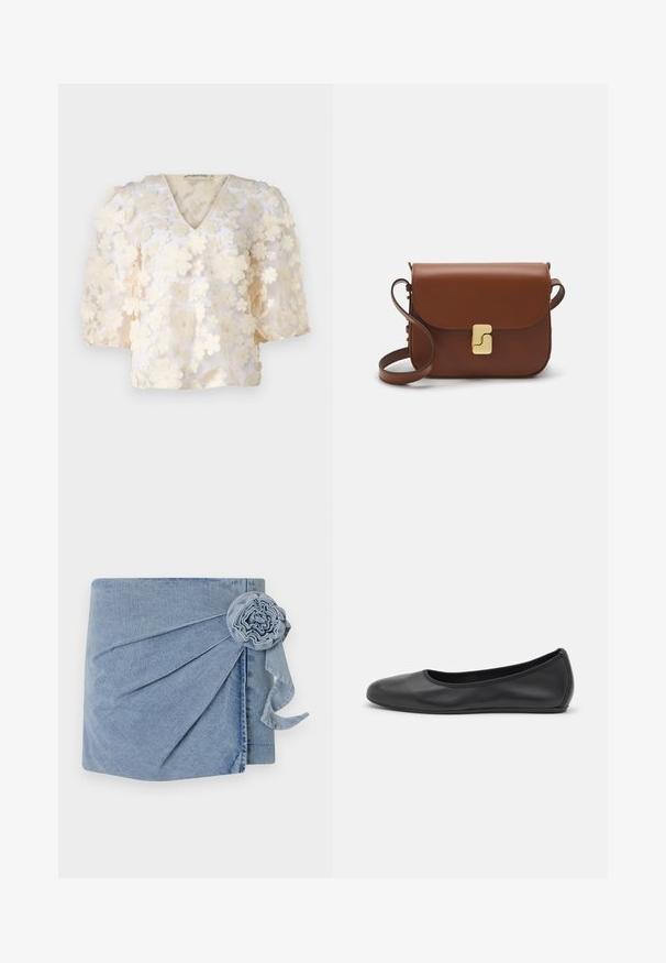 Ida Sjöstedt MYLA BRIDAL EXCLUSIVE - Camicetta - cream white; Wrap in denim con una tonalità azzurro chiaro, con pieghe intricate e un fiore decorativo con un nastro che penzola. Texture morbida e design informale.; Pantofole da balletto nere in pelle con punta arrotondata, texture liscia, dettagli di cucitura minimi e design con suola flessibile.; Borsa a tracolla in pelle marrone con chiusura a pattina, hardware color oro, tracolla e una finitura liscia. Forma rettangolare compatta.