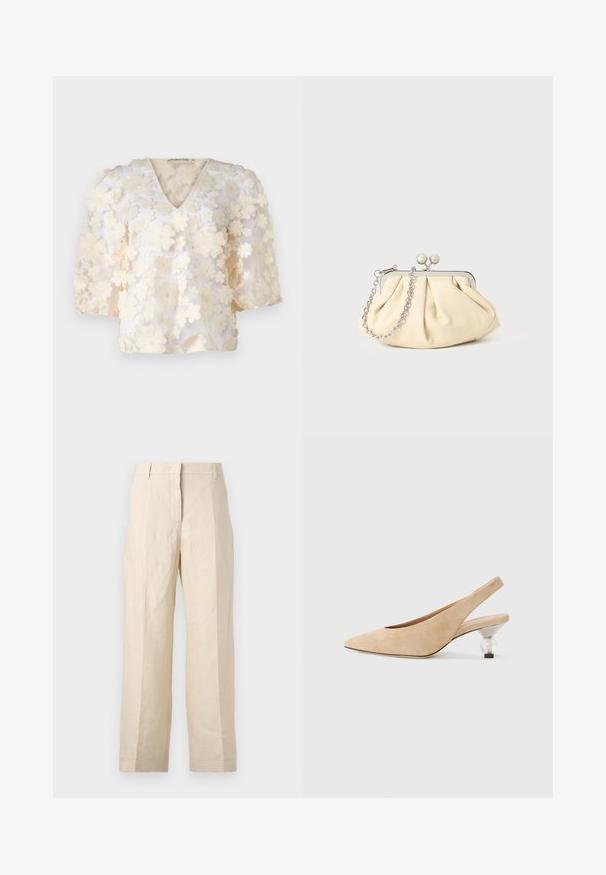 Ida Sjöstedt MYLA BRIDAL EXCLUSIVE - Blouse - cream white; Beige linen trousers with a loose fit, pleated front, and straight legs. Features a waistband with belt loops and no visible pockets.; Beige suede slingback shoe with a pointed toe and a transparent, rounded heel. Smooth texture and minimalist design.; Pleated beige leather clutch with a silver metal frame, featuring two round decorative clasps and a silver chain strap.