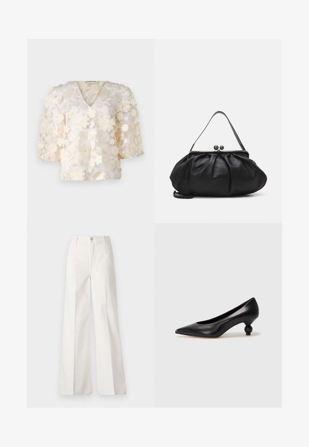 Ida Sjöstedt MYLA BRIDAL EXCLUSIVE - Blouse - cream white; White wide-leg trousers made from cotton with a smooth texture. Features a front button, zipper fly, and four-pocket design.; Black leather high heel shoe with a pointed toe and a round, balled heel. Smooth texture with a sleek, minimal design.; Black leather handbag with a rounded, pleated design. Features a metallic clasp with two decorative balls and a slim, detachable strap.