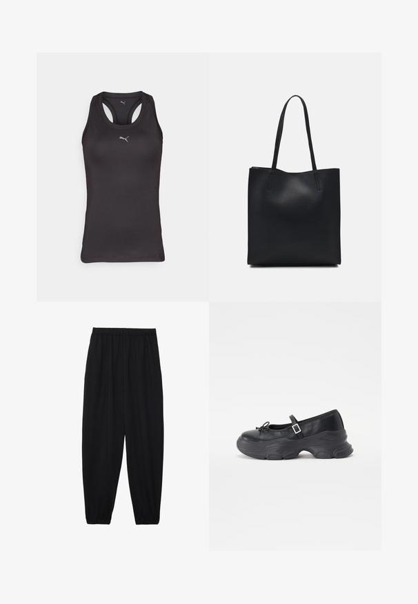 Črn športni top z hrbtnim izrezom, izdelan iz gladkega materiala, s majhnim sivo logotipom na sprednji strani.; Črne, lahke hlače z elastičnim pasom in nabranimi gležnji. Tkanina je gladka in ima sproščen, taperiran dizajn.; Črne usnjene Mary Jane čevlje z zaobljenim nosom, podrobnostjo v obliki pentlje in nastavljivim gležnjenjskim trakom. Imajo masiven gumijast podplat s konkavnimi detajli.; Črna usnjena torba s svilnato teksturo, pravokotne oblike in dvema dolgima ročajema. Brez vidnih metalnih delov ali okrasnih elementov.