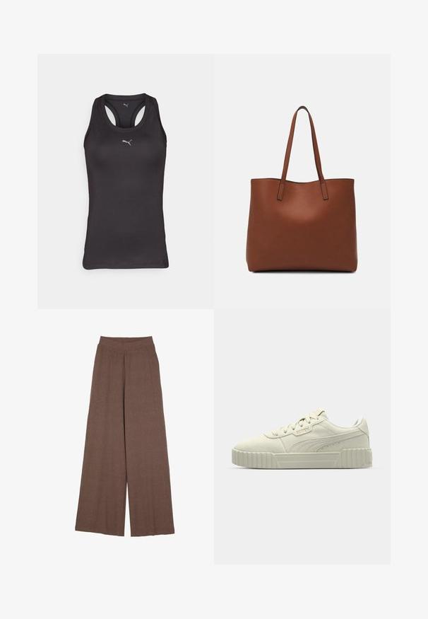 Fekete sportoló póló, racerback fazonnal, sima anyagból készült, az elején egy kis szürke logóval.; Széles szárú nadrág, texturált, bordázott anyagból, meleg barna színben. Zökkenőmentes derékrésszel és folyékony sziluettel rendelkezik.; Puma sportcipők krémfehér velúrból, lapos kialakítással, vastag bordázott talppal, fűzős záródással, és finom márkázási részlet a szélén.; Barna bőr vászontáska sima textúrával, nyitott tetejű dizájnnal és két vállpánttal. Minimális varrással és látható hardver nélkül készült.