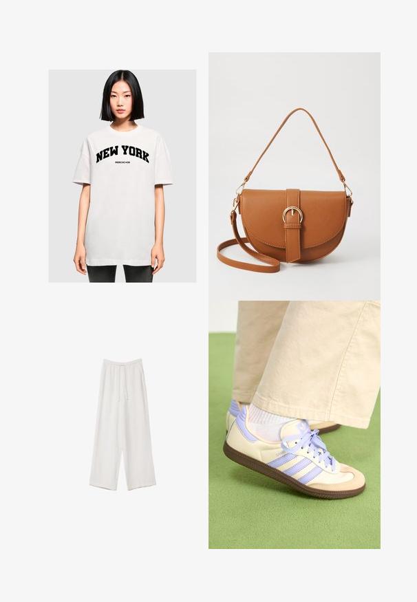 Witte oversized t-shirt met de tekst "NEW YORK" in vette zwarte letters. Korte mouwen en een ronde halslijn, gemaakt van zachte katoen.; Witte wijde broek gemaakt van een lichte stof. Voorzien van een elastische tailleband met een trekkoord en zijzakken. Zachte textuur.; Crème- en lavendel-sneakers met drie strepen en een gestructureerde bruine zool, voorzien van veters en een gewatteerde hiel. Zachte stoffen bovenkant.; Bruine leren schoudertas met een gebogen vorm, gouden hardware en een gespaccent. Bevat een afneembare schouderriem.