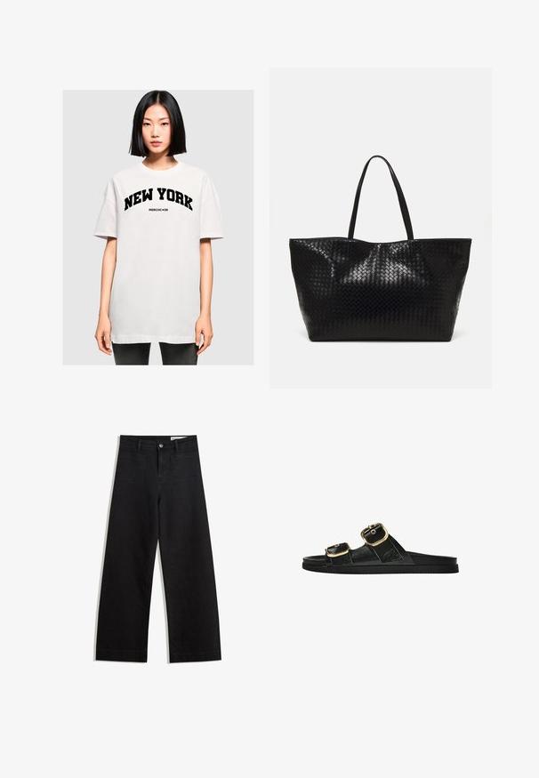 Tricou oversized alb cu inscripția "NEW YORK" în litere îndrăznețe negre. Mâneci scurte și guler rotund, fabricat din material din bumbac moale.; Pantaloni din denim negri cu picioare largi, cu talie înaltă, având buzunare frontale și posterioare, cusături dublate și închidere cu nasture. Textură netedă.; Sandalie negre cu toc plat, cu două accente de cataramă aurie, din material texturat neted și design minimalist.; Geantă de umăr țesută neagră, cu două mânere rezistente, având o textură lucioasă și un design deschis, spațios la partea superioară.