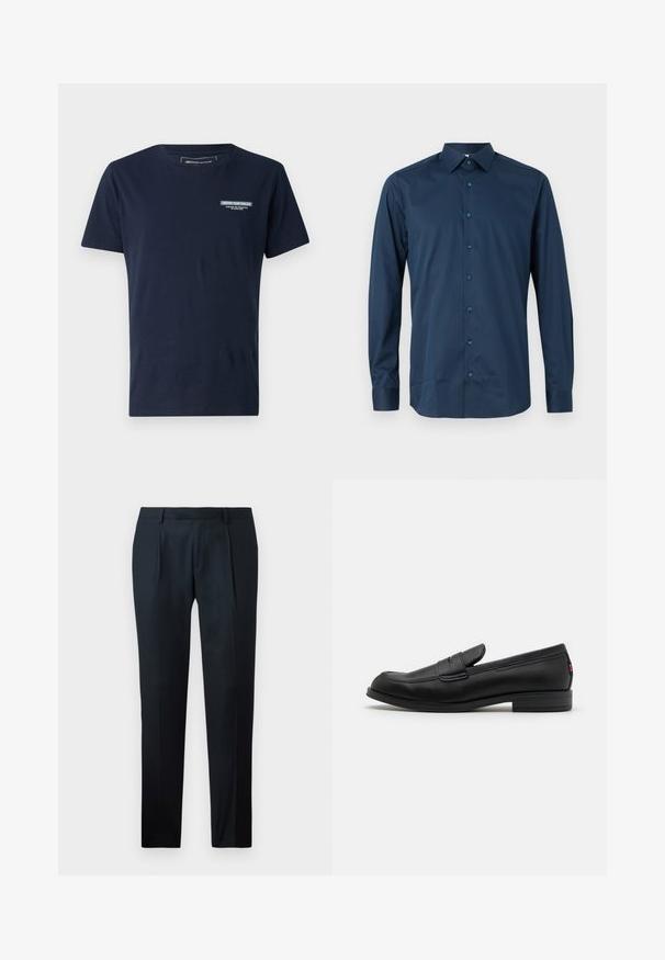 Sötétkék pamut póló kerek nyakkal, rövid ujjakkal és egy kis hímzett logóval a mellkasán. Klasszikus szabás és sima textúra.; Sötétkék, hosszú ujjú, gombos ing, sima anyagból készült. Standard garbóval, elöl gombolással és azonos színű gombokkal, valamint mandzsettás ujjakkal rendelkezik.; Fekete, sima anyagból készült, testes szabású nadrág, karcsú fazonban, két elülső redővel és lapos derékkal, látható fémrészletek nélkül.; Fekete bőr loafer cipők sima felülettel, lekerekített orral és egy kis díszes hajtókával. Alacsony, rakott sarkú és diszkrét márkázási részletekkel rendelkezik.